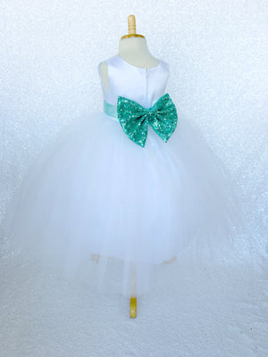 Sleeveless White 4 Layer Tulle Princess Dress Aqua Sequin Bow Ribbon