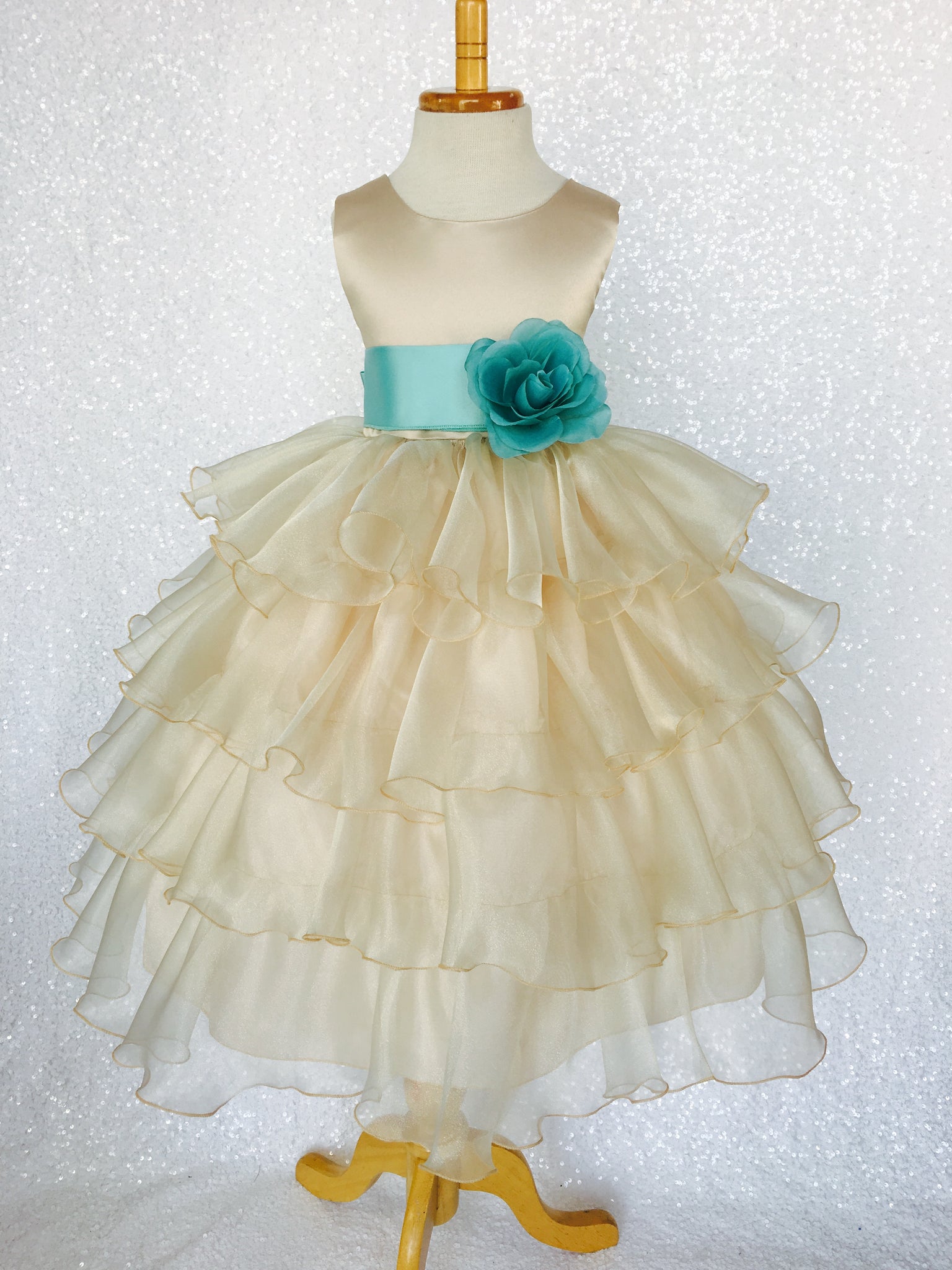 Champagne Sleeveless Satin Organza Ruffle Dress