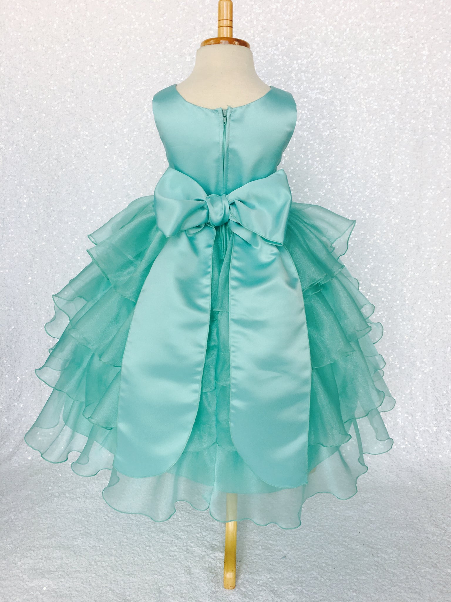 Satin Aqua Organza Ruffle Sleeveless Dress Sash Flower