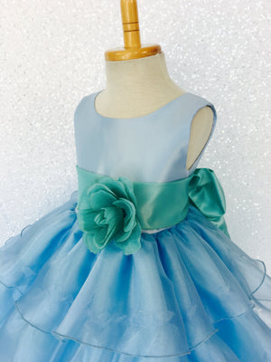 Baby Blue Sleeveless Satin Organza Ruffle Dress