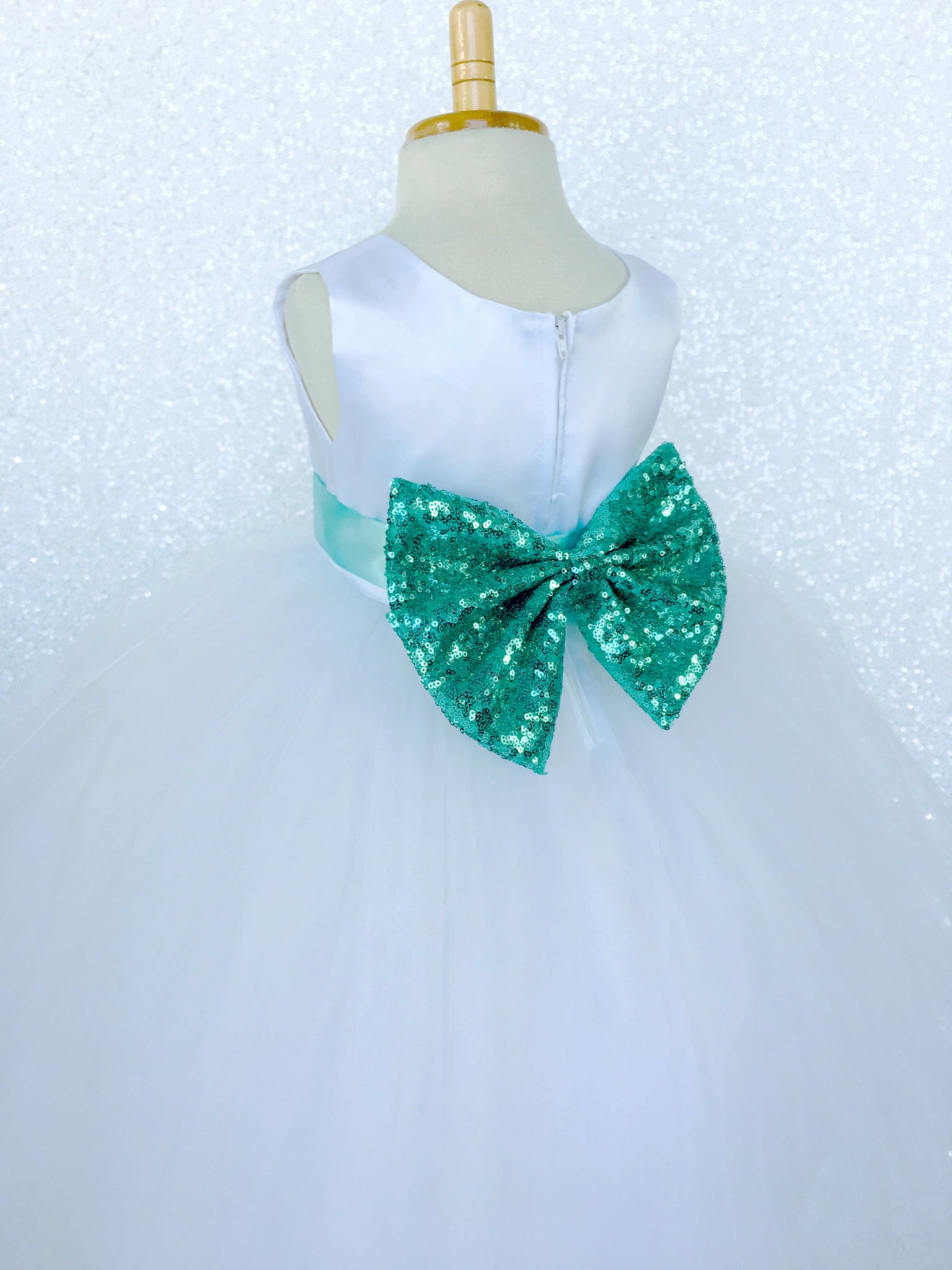 Sleeveless White 4 Layer Tulle Princess Dress Aqua Sequin Bow Ribbon