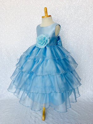 Baby Blue Sleeveless Satin Organza Ruffle Dress