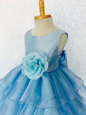 Baby Blue Sleeveless Satin Organza Ruffle Dress