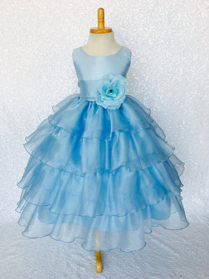 Baby Blue Sleeveless Satin Organza Ruffle Dress