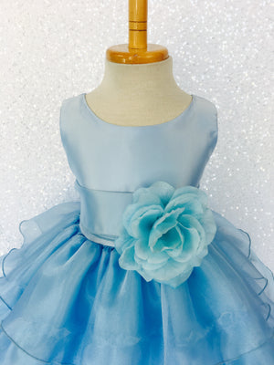 Baby Blue Sleeveless Satin Organza Ruffle Dress