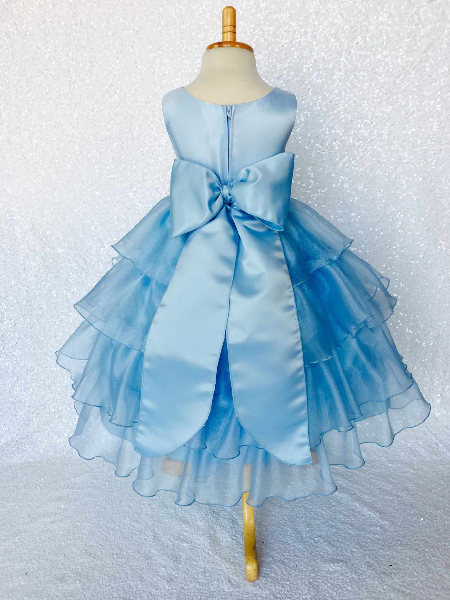 Baby Blue Sleeveless Satin Organza Ruffle Dress