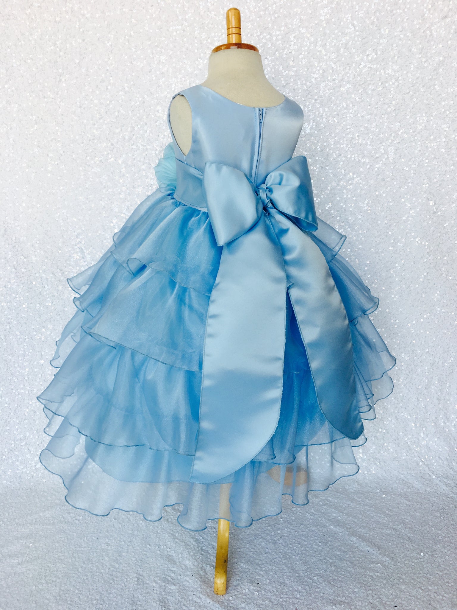 Baby Blue Sleeveless Satin Organza Ruffle Dress