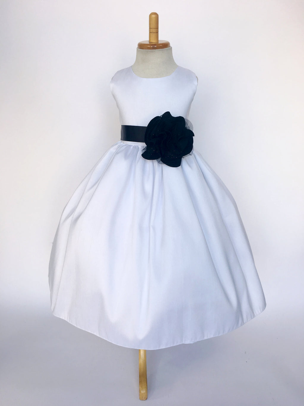 White Vintage Shantung Dress Black Ribbon Flower