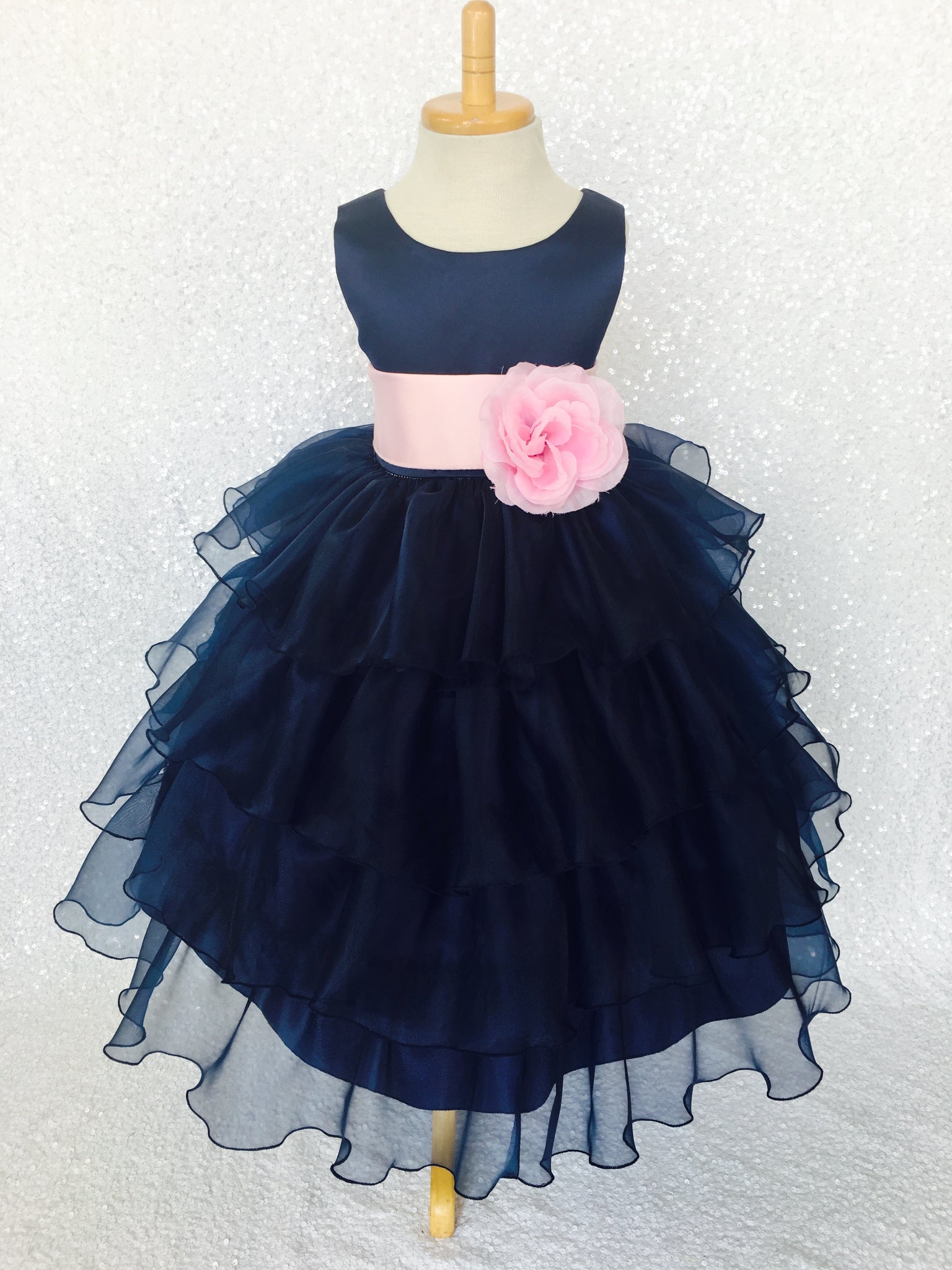 Navy Blue Sleeveless Satin Organza Ruffle Dress