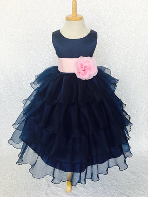 Navy Blue Sleeveless Satin Organza Ruffle Dress