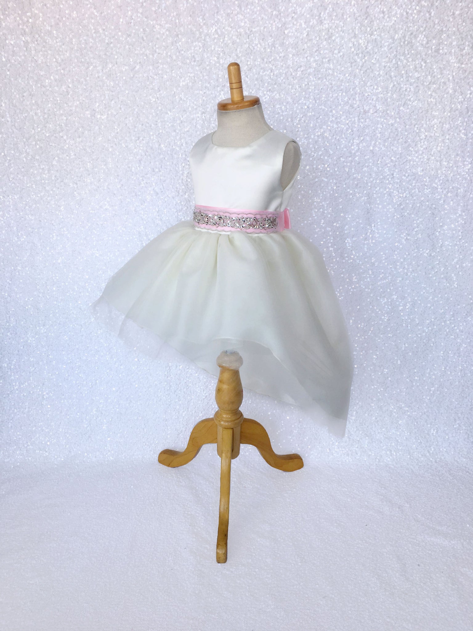 Ivory Satin High Low 4 Layer Tulle Dress Sequin Ribbon