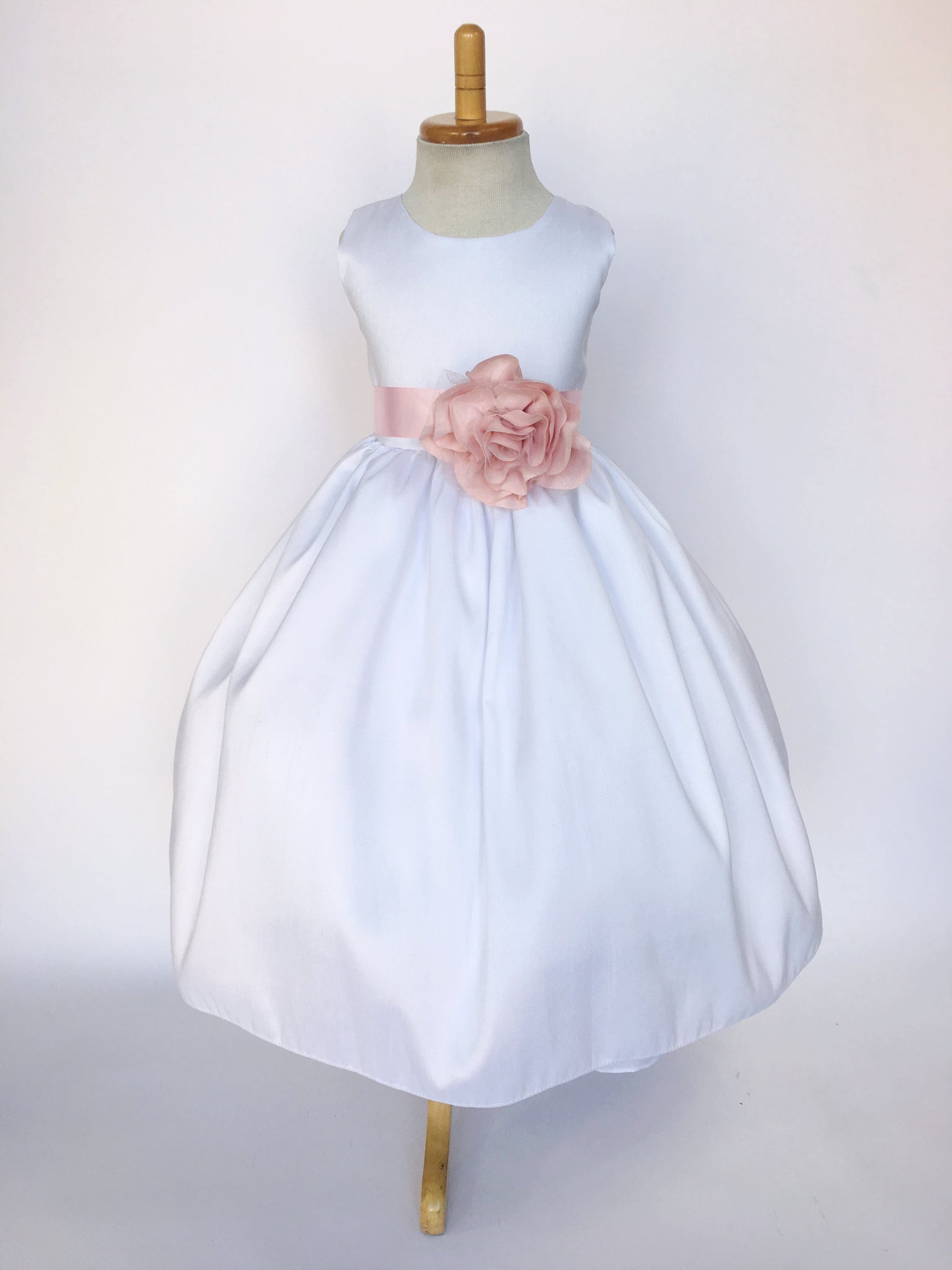 White Vintage Shantung Dress Fuchsia Ribbon Flower