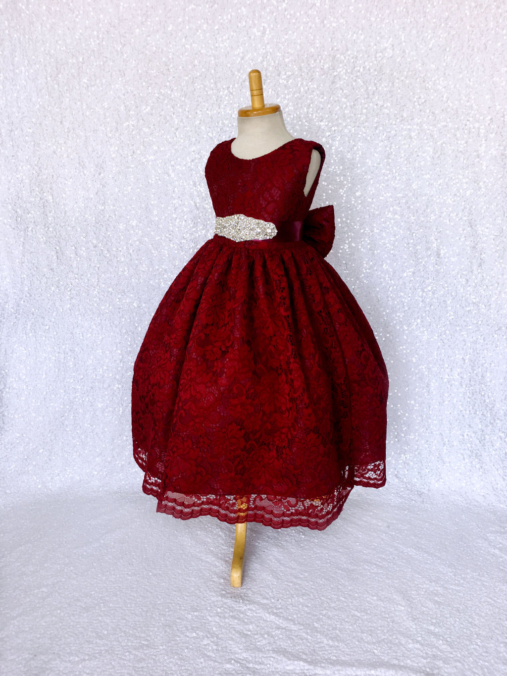 Burgundy French Lace V-Back Sleeveless Dress Rhinestone Sash Bow