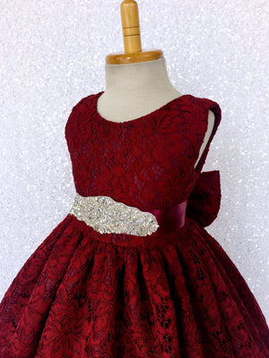 Burgundy French Lace V-Back Sleeveless Dress Bow Rhinestone White Sash