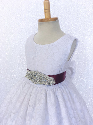 White French Lace V-Back Sleeveless Dress Rhinestone Sash Bow