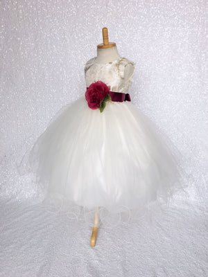 FL Off White Ivory 3D Floral Gold Embroidery 2 Layer Tulle Dress Burgundy Flower Ribbon