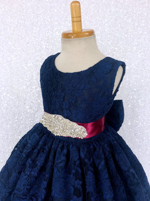 Navy French Lace V-Back Sleeveless Dress Bow White Rhinestone Sash