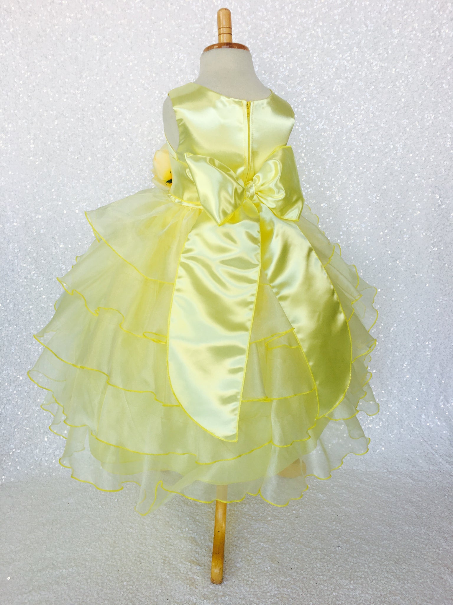 Canary Yellow Sleeveless Satin Organza Ruffle Dress