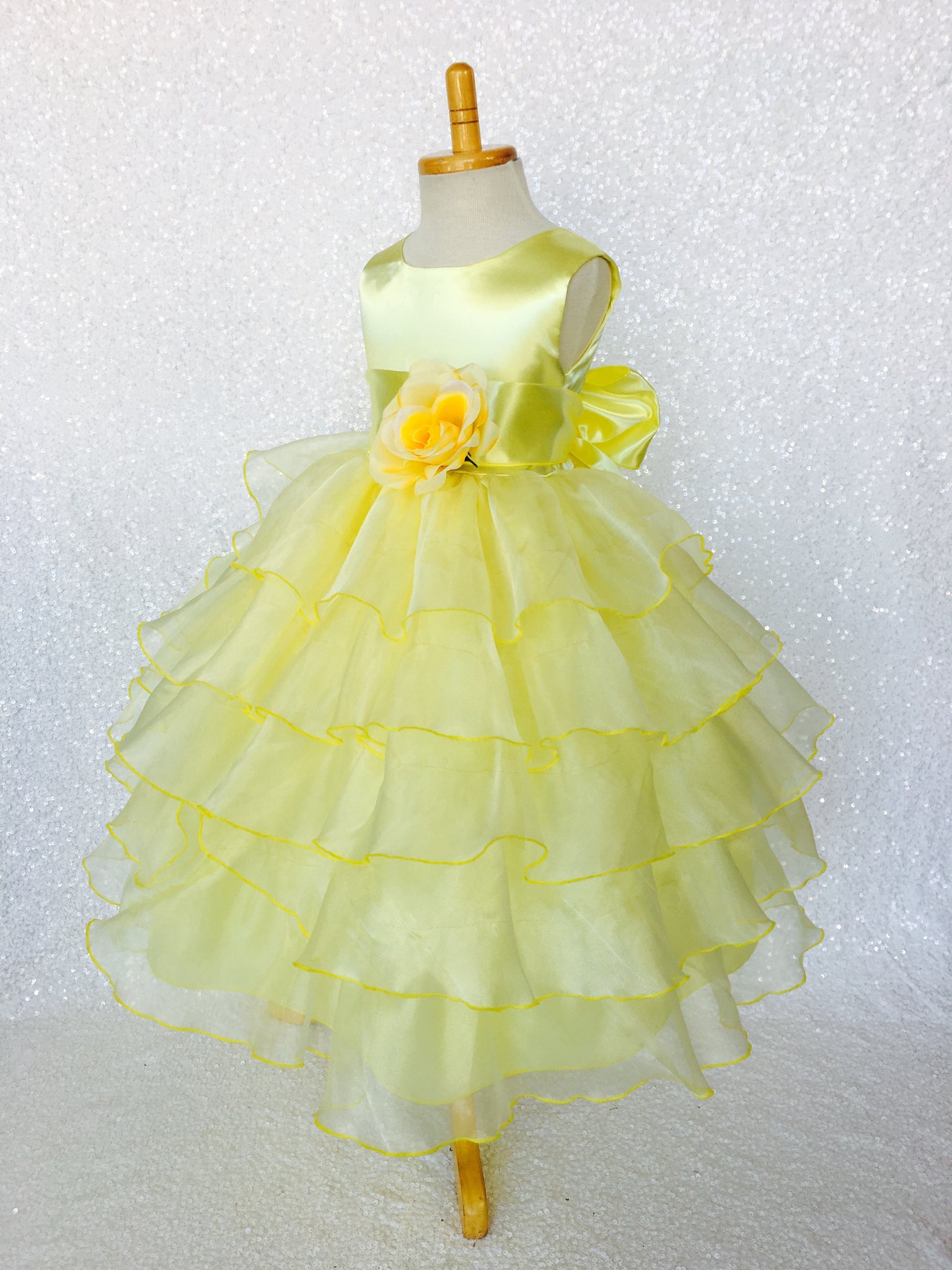 Canary Yellow Sleeveless Satin Organza Ruffle Dress