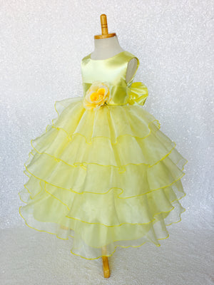 Canary Yellow Sleeveless Satin Organza Ruffle Dress