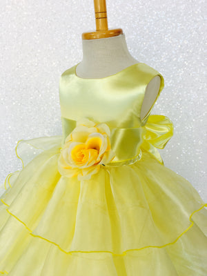 Canary Yellow Sleeveless Satin Organza Ruffle Dress