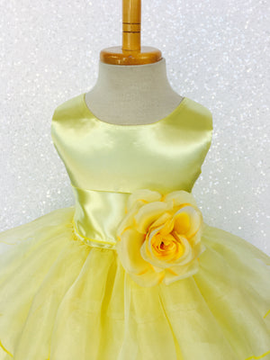 Canary Yellow Sleeveless Satin Organza Ruffle Dress