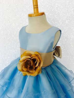 Baby Blue Sleeveless Satin Organza Ruffle Dress