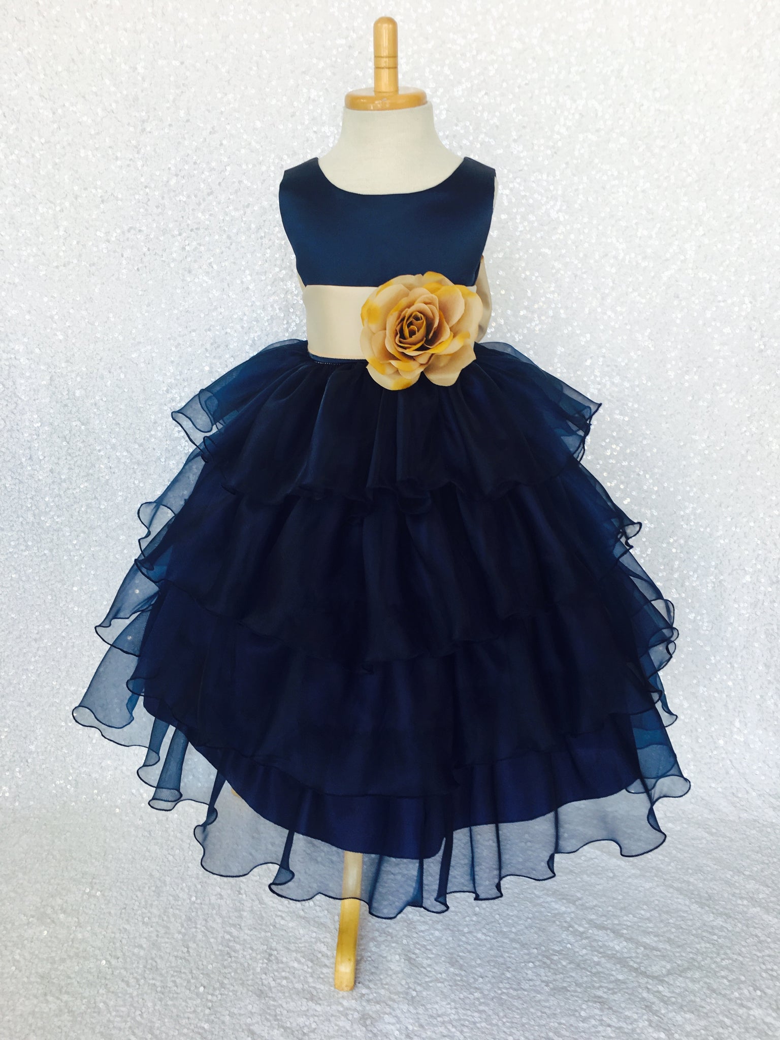 Navy Blue Sleeveless Satin Organza Ruffle Dress