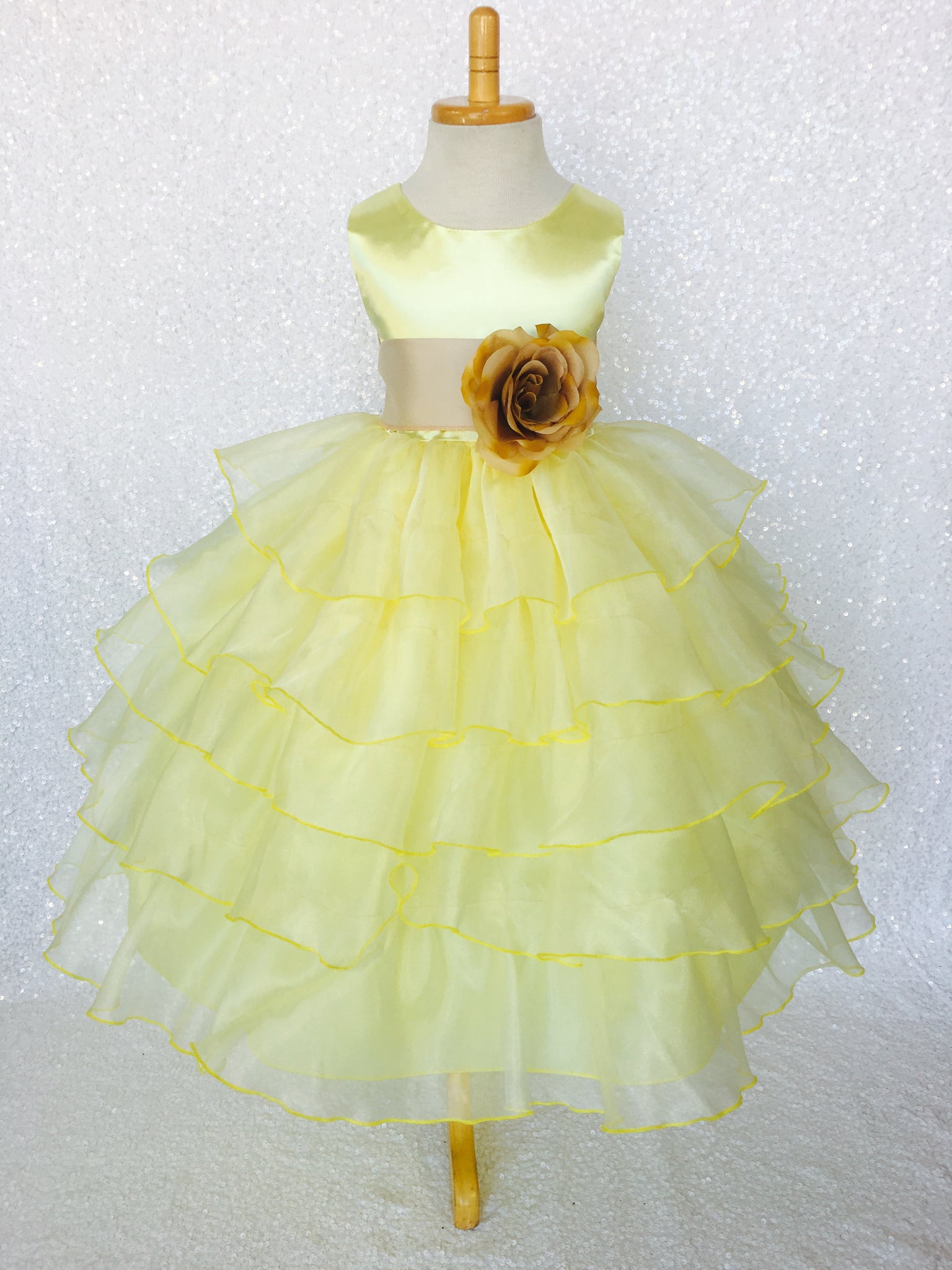 Canary Yellow Sleeveless Satin Organza Ruffle Dress