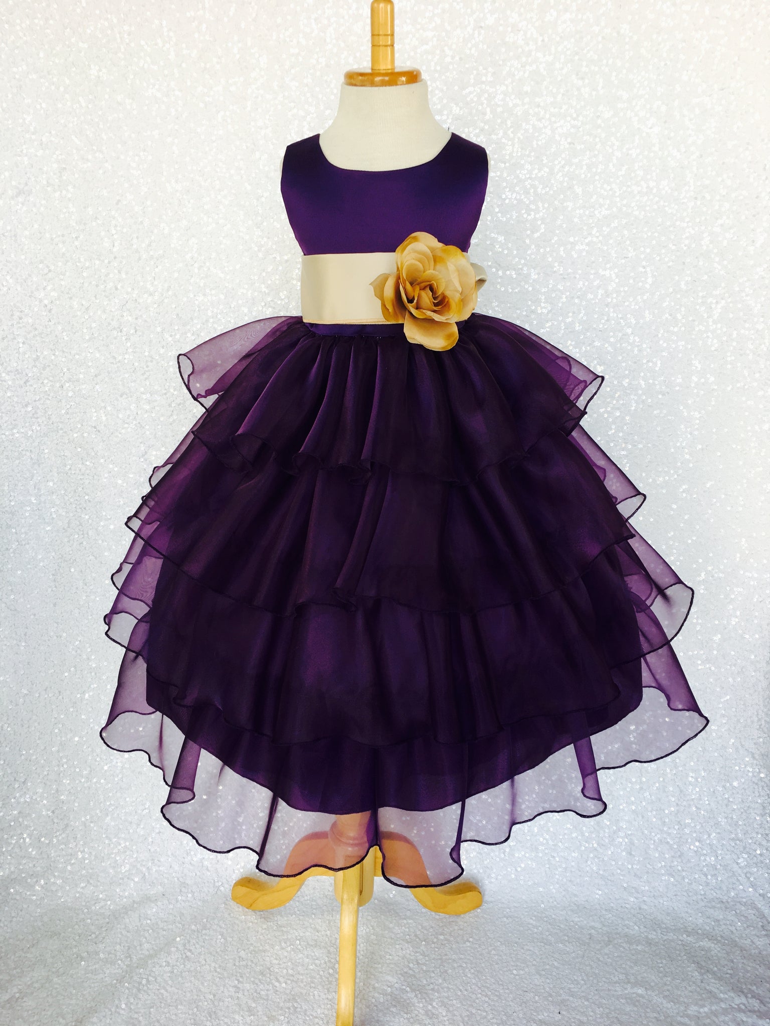 Plum Sleeveless Satin Organza Ruffle Dress