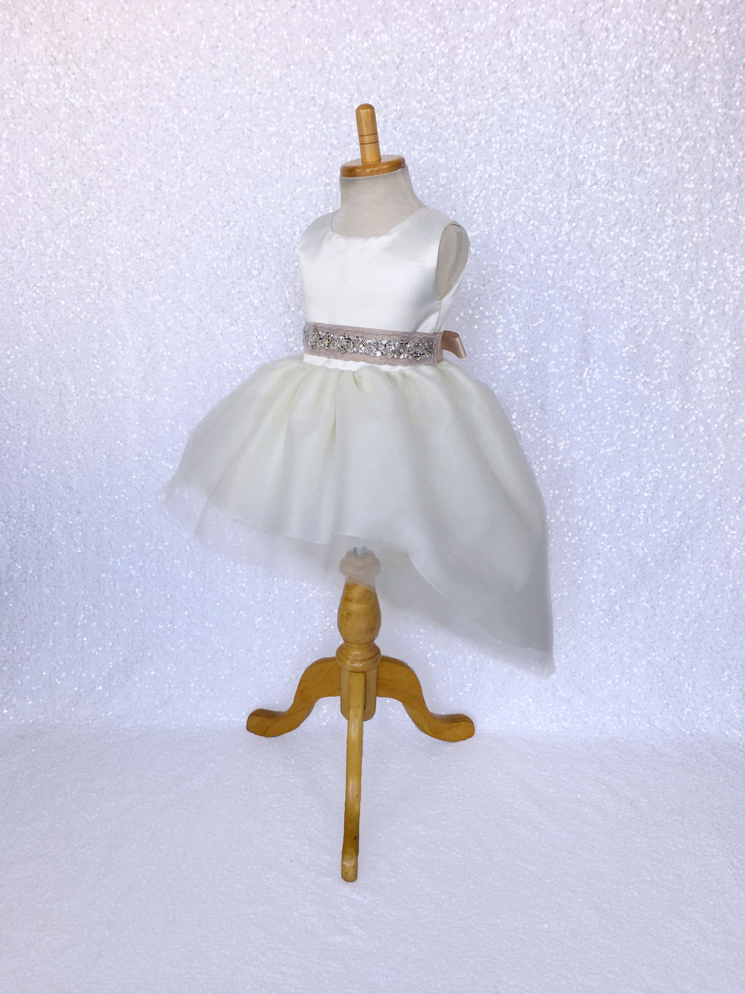 Ivory Satin High Low 4 Layer Tulle Dress Sequin Ribbon