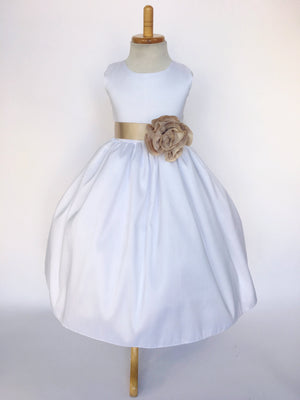 White Vintage Shantung Dress Fuchsia Ribbon Flower