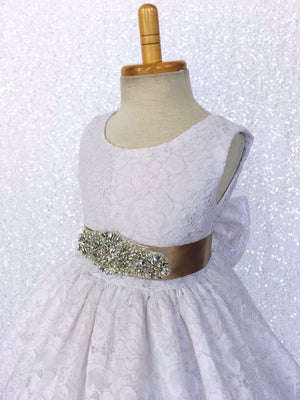 White French Lace V-Back Sleeveless Dress Rhinestone Sash Bow