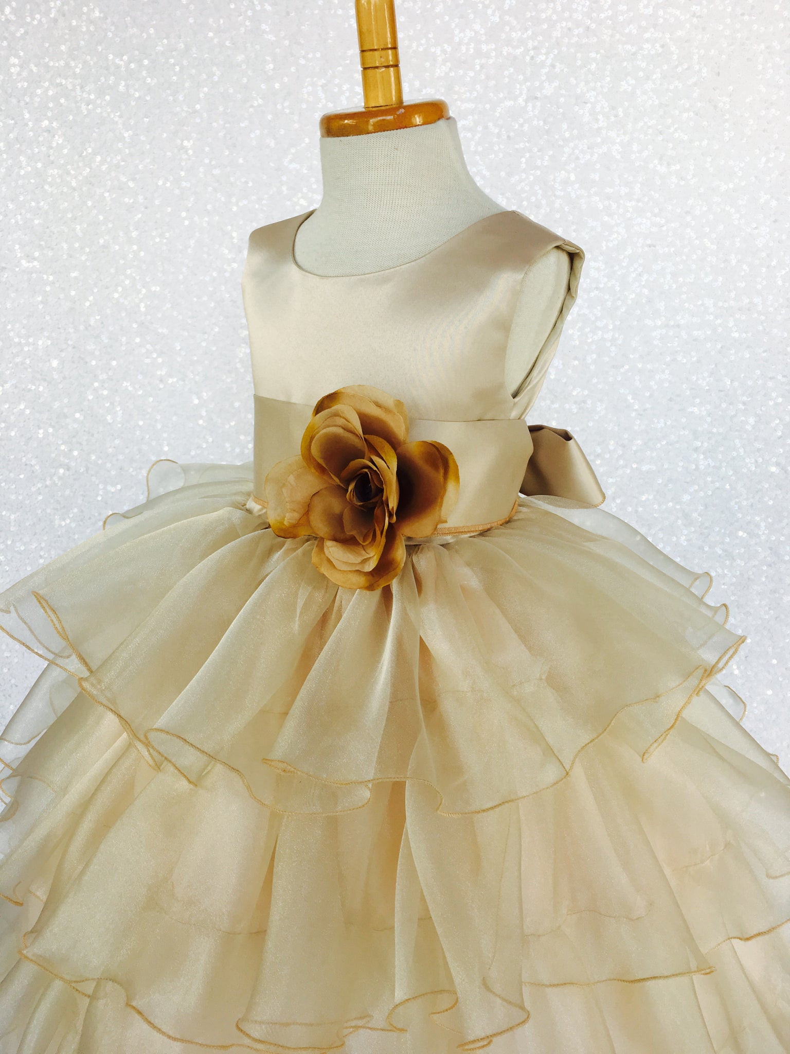 Champagne Sleeveless Satin Organza Ruffle Dress