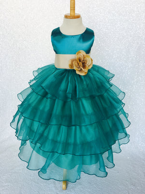 Teal Organza Ruffle Sleeveless Satin Dress