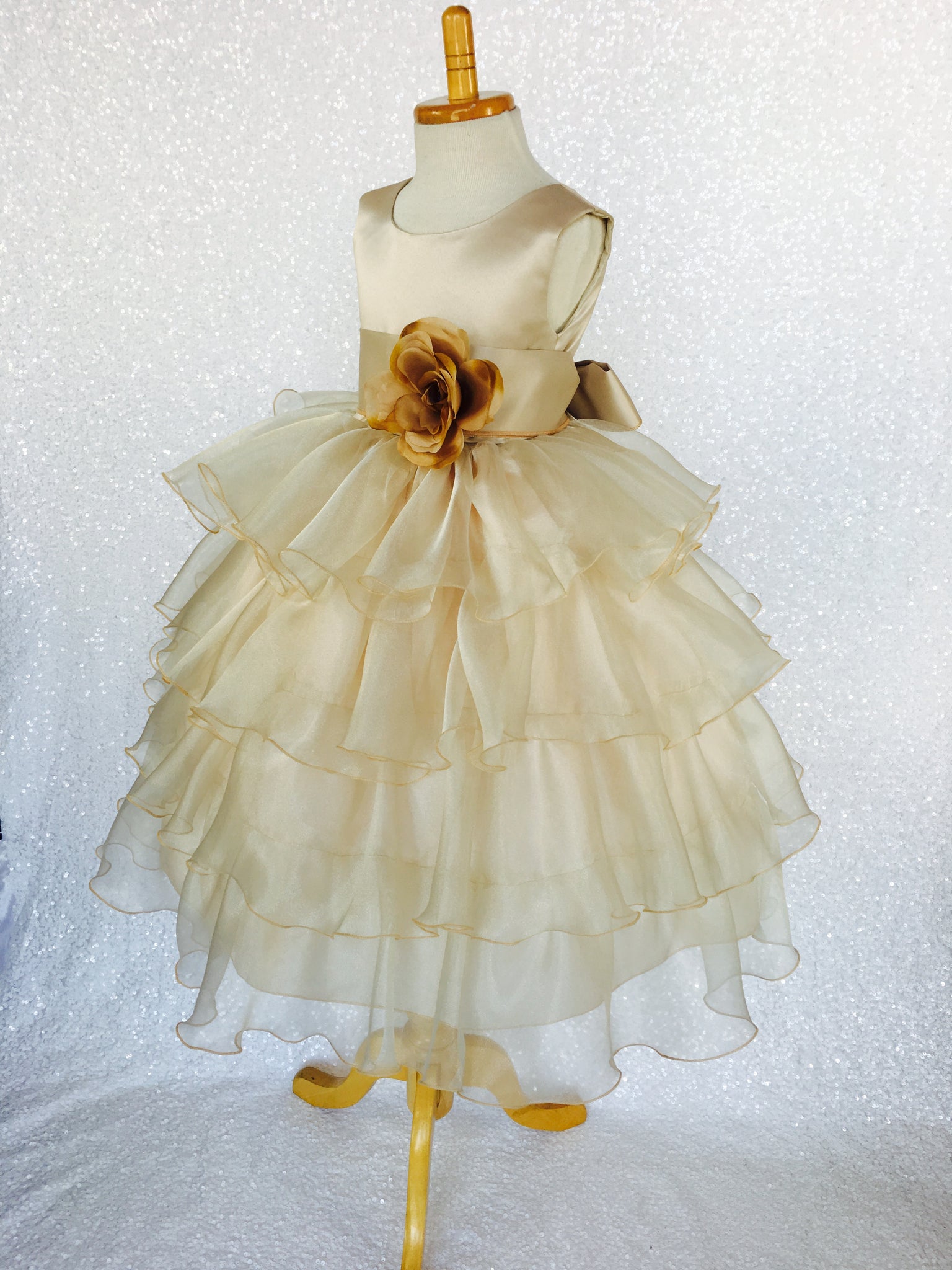 Champagne Sleeveless Satin Organza Ruffle Dress