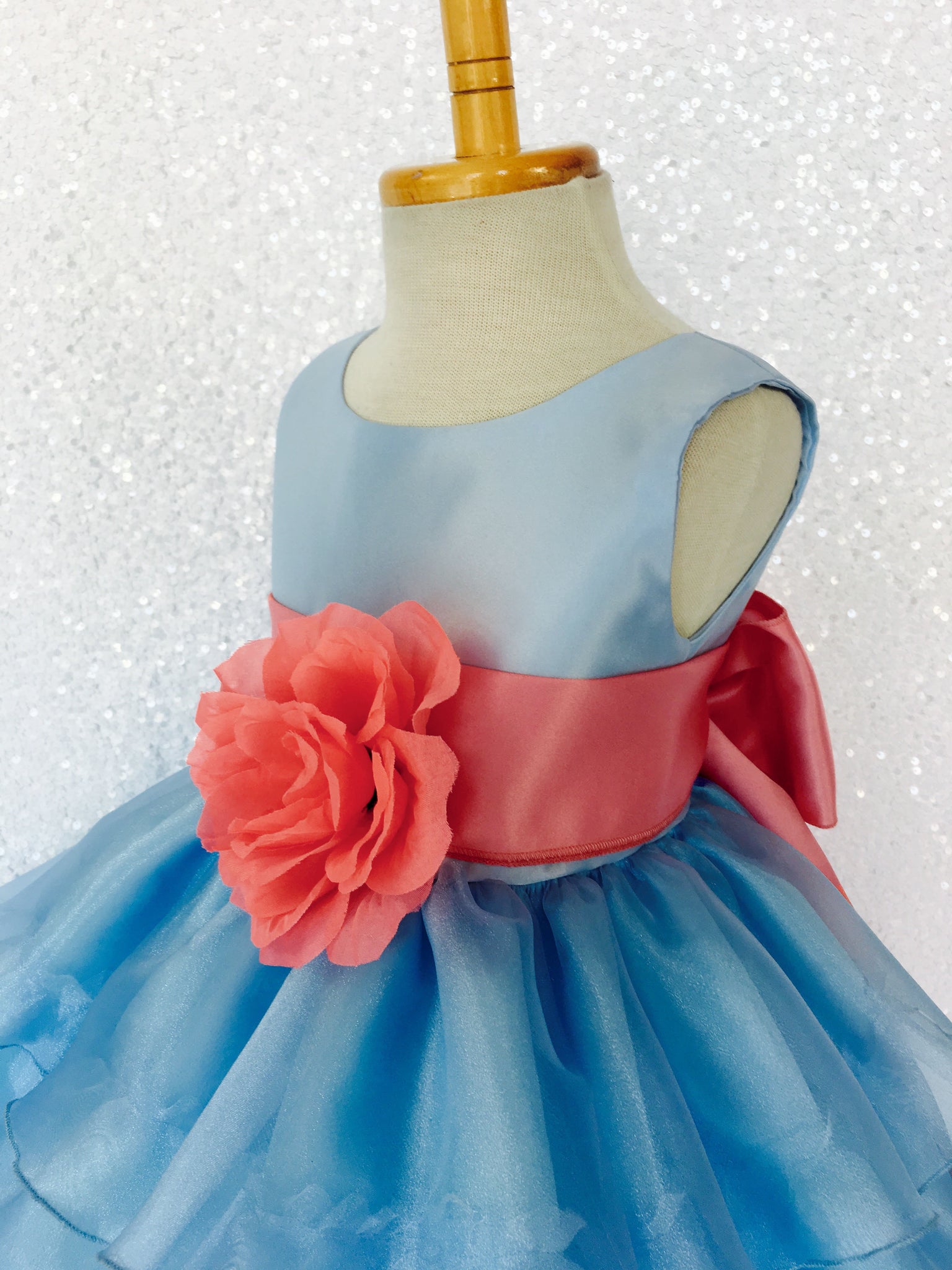 Baby Blue Sleeveless Satin Organza Ruffle Dress