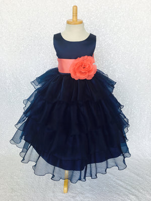 Navy Blue Sleeveless Satin Organza Ruffle Dress