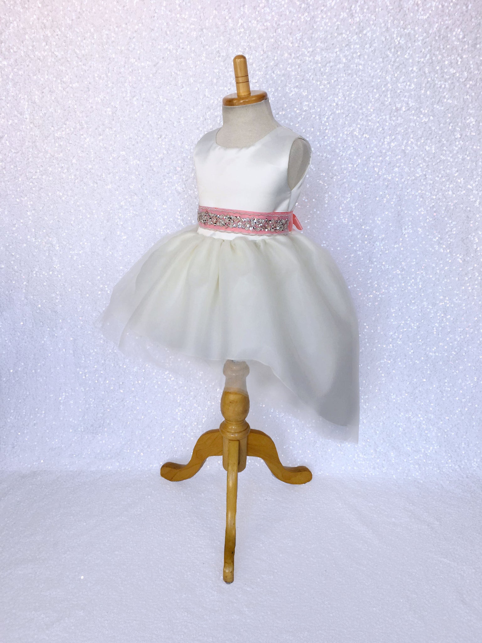 Ivory Satin High Low 4 Layer Tulle Dress Sequin Ribbon