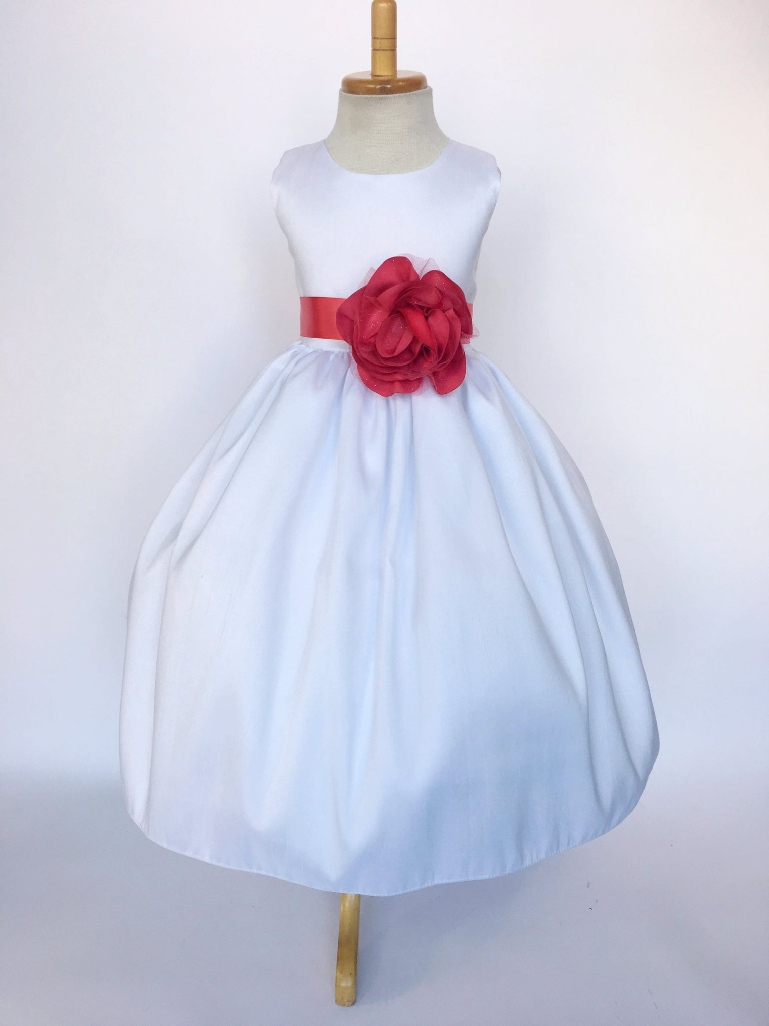 White Vintage Shantung Dress Fuchsia Ribbon Flower