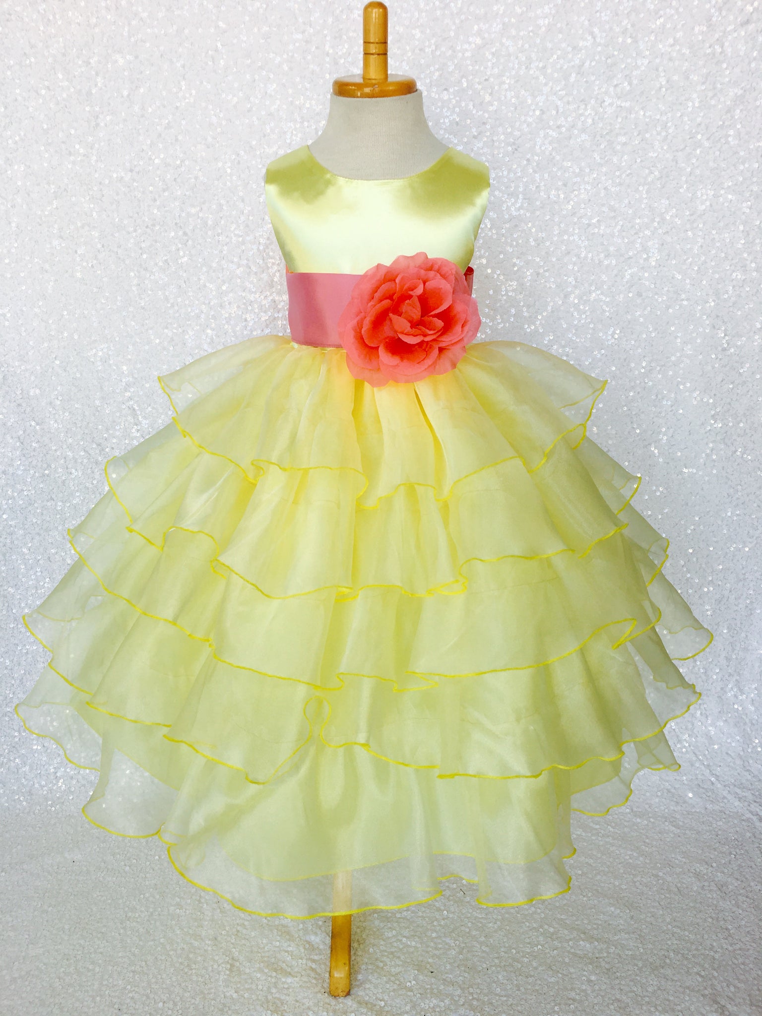 Canary Yellow Sleeveless Satin Organza Ruffle Dress