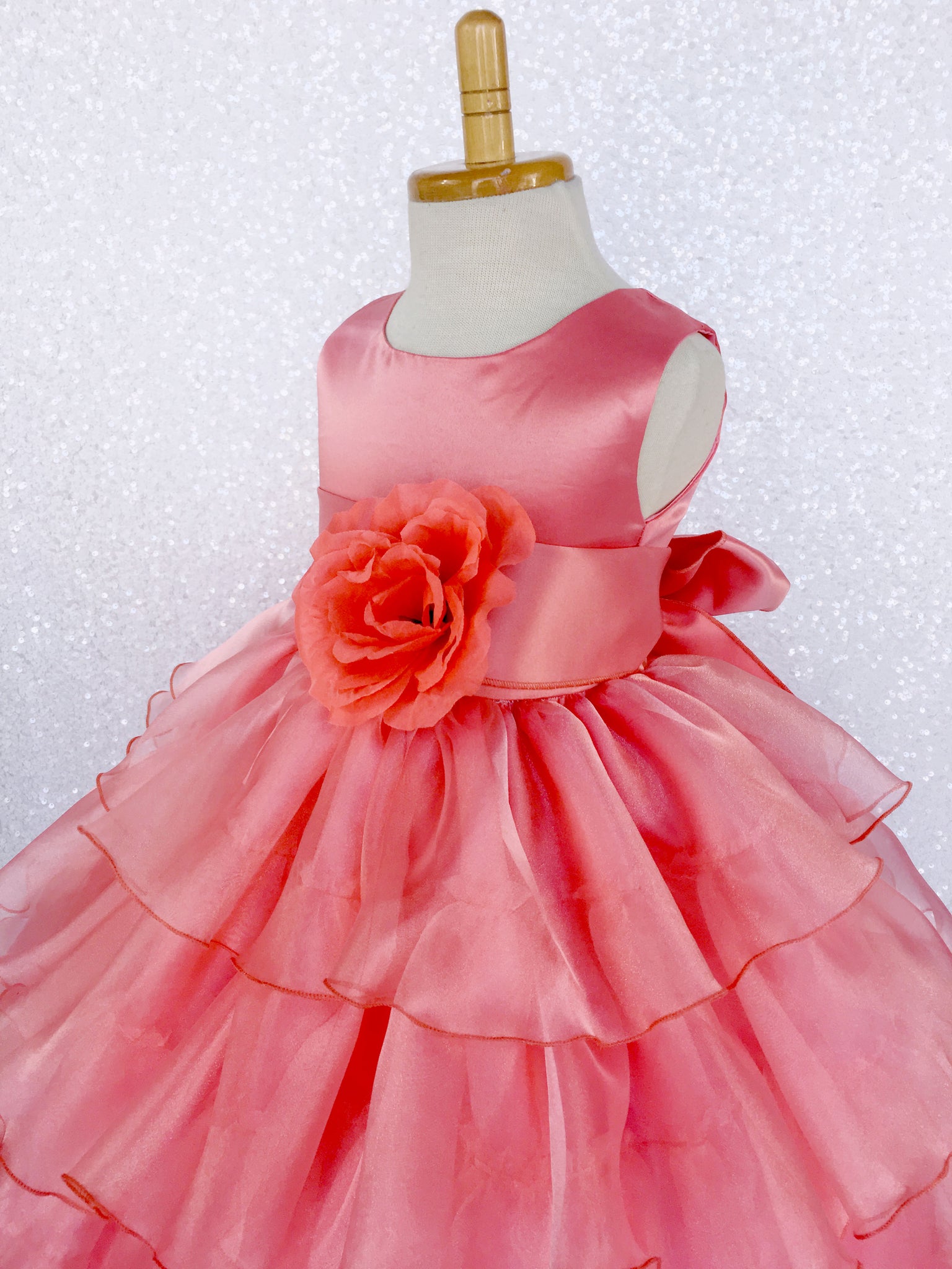 Coral Sleeveless Satin Organza Ruffle Dress