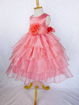 Coral Sleeveless Satin Organza Ruffle Dress