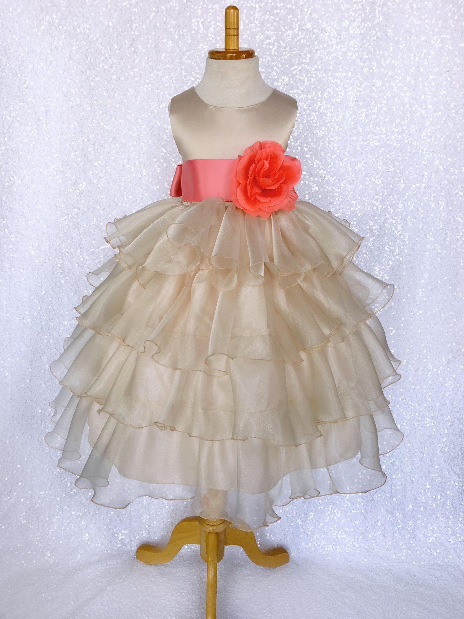 Champagne Sleeveless Satin Organza Ruffle Dress