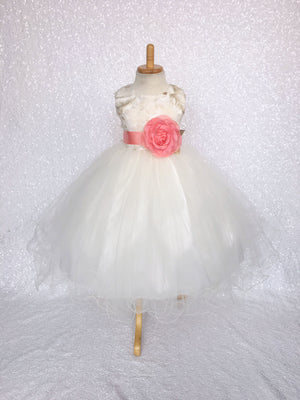 FL Off White Ivory 3D Floral Gold Embroidery 2 Layer Tulle Dress Flower Ribbon