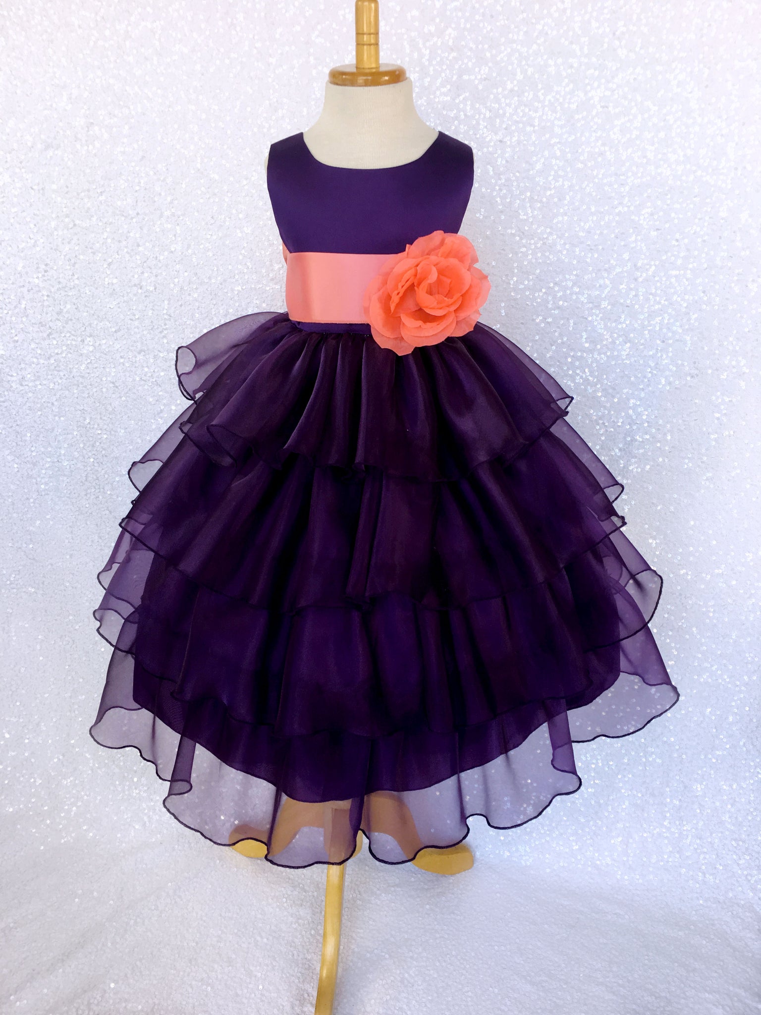 Plum Sleeveless Satin Organza Ruffle Dress