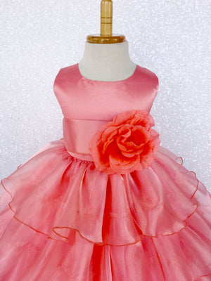 Coral Sleeveless Satin Organza Ruffle Dress