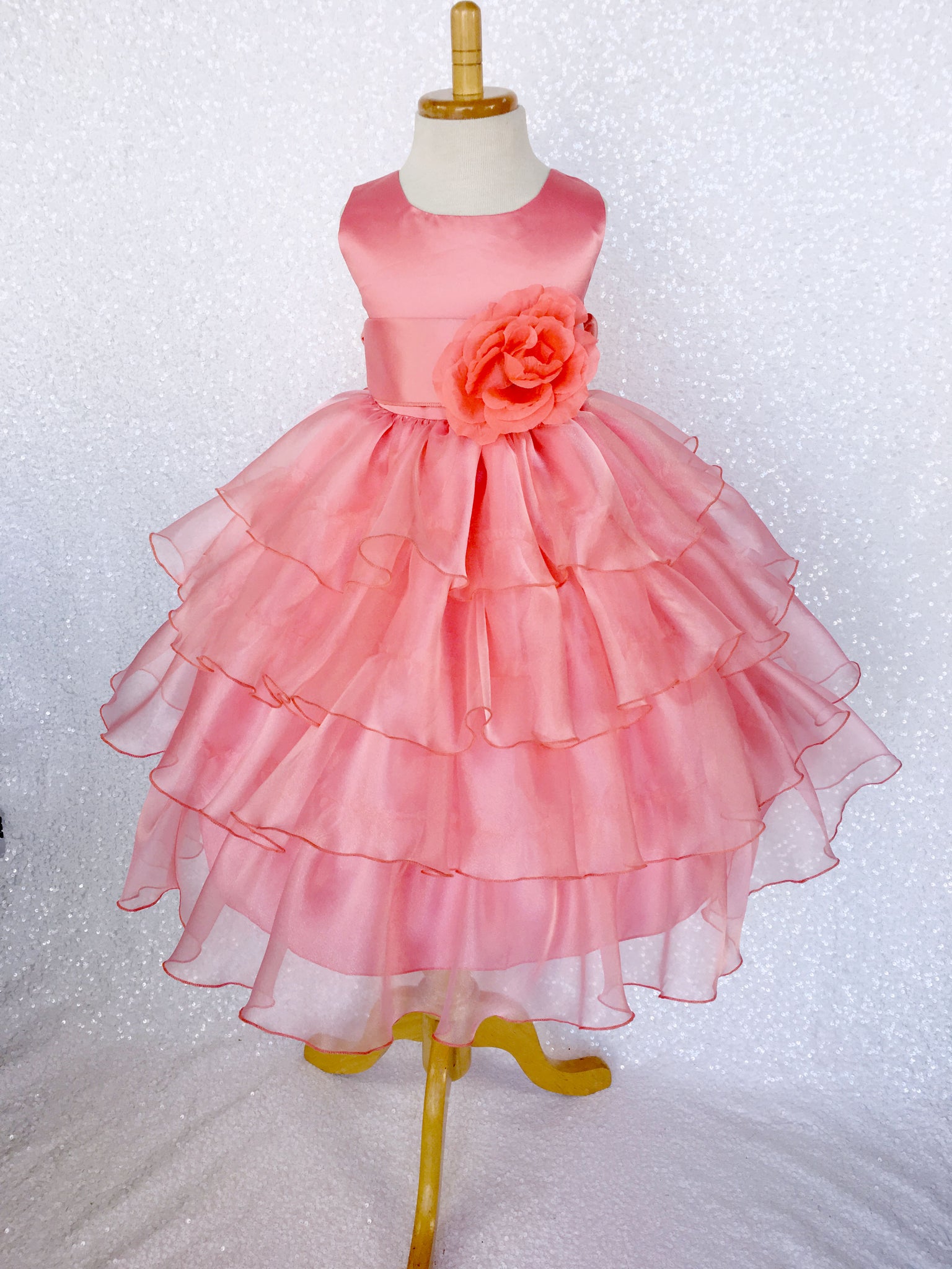 Coral Sleeveless Satin Organza Ruffle Dress