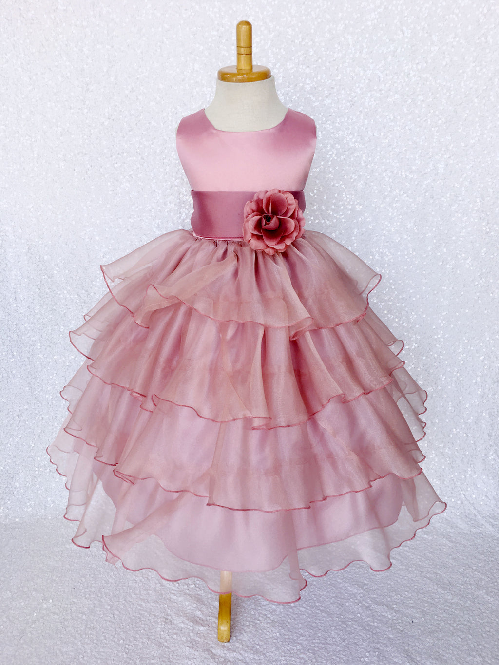 Sleeveless Satin Dusty Rose Organza Ruffle Dress