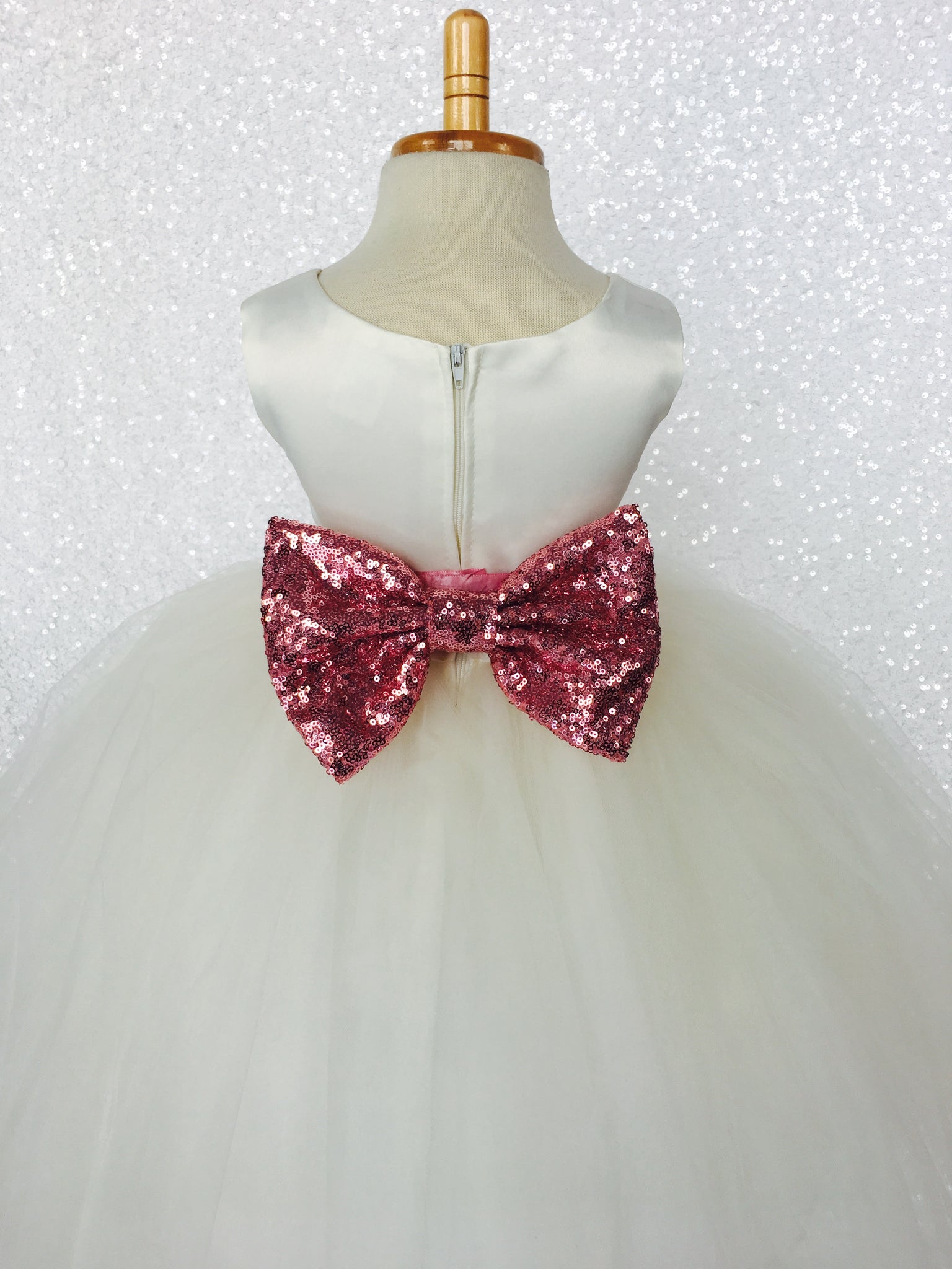 Sleeveless Ivory 4 Layer Tulle Princess Dress Sequin Bow Ribbon